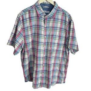 Tommy Bahama Island Etch Cotton Camp Shirt Mens Rose Bed Plaid Sz XL